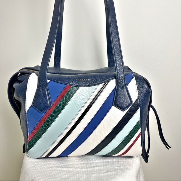 Tory Burch Blue Perry Balloon Stripe Satchel Leather Bag NEW Multicolor - Picture 3 of 16